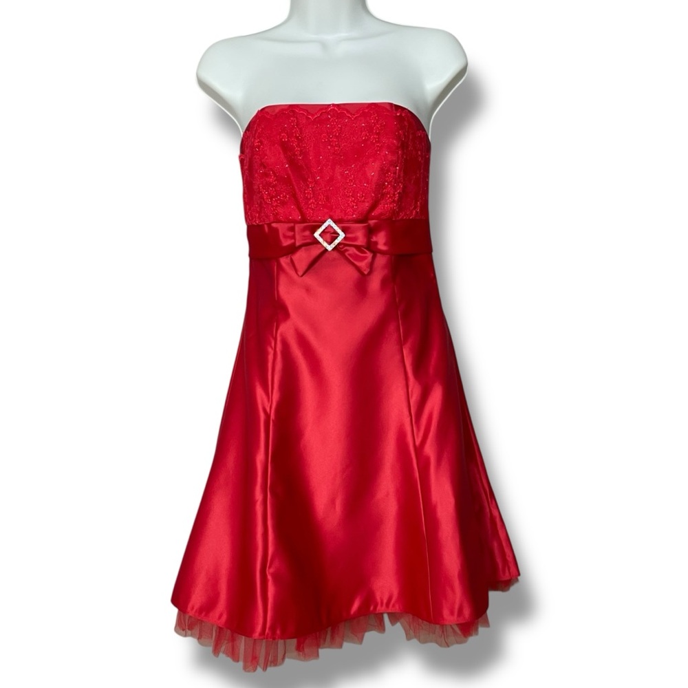 Vintage Jessica McClintock for Gunne Sax Prom Dress Homecoming Strapless Red 3‎